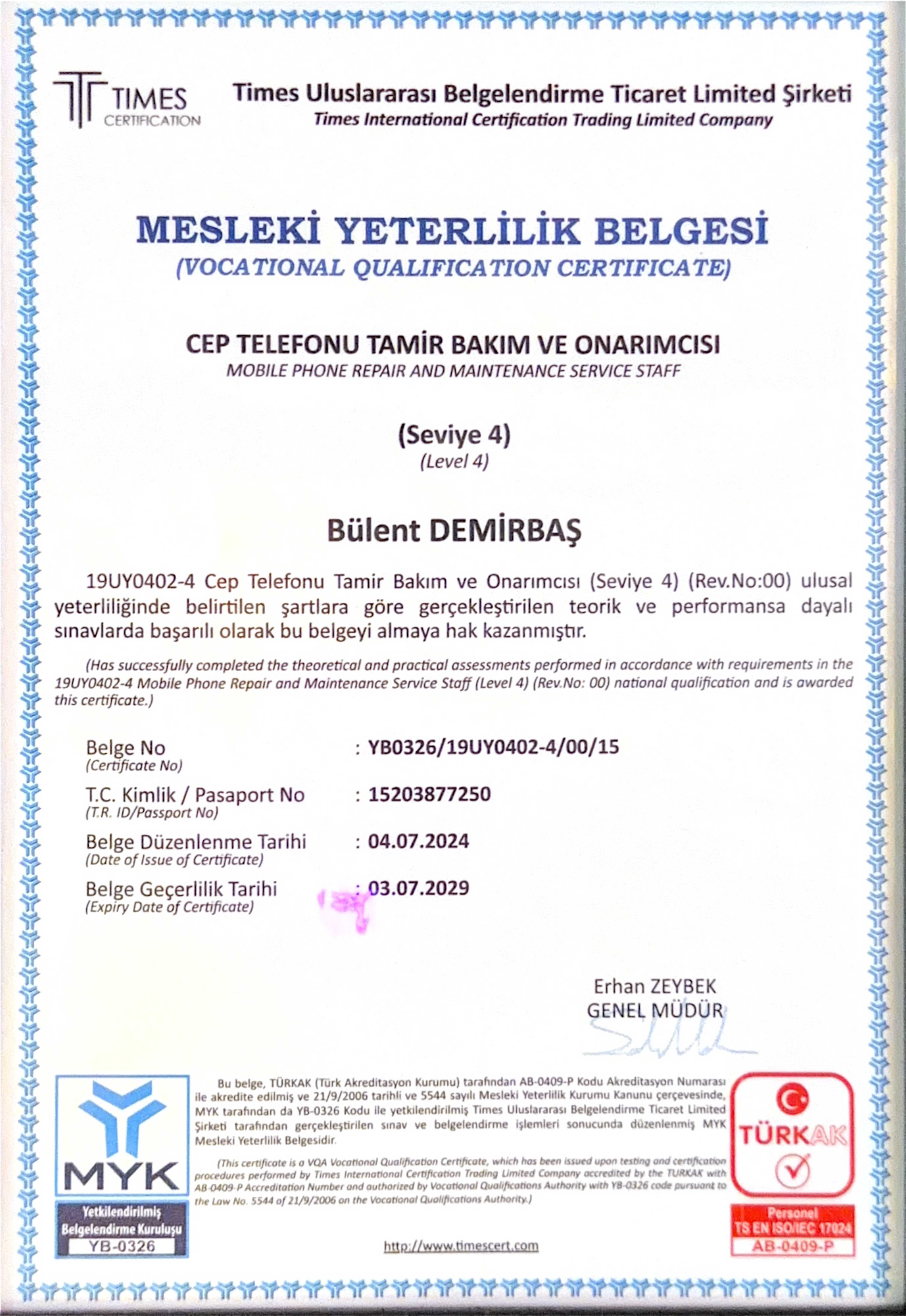 Mesleki Yeterlilik Belgesi - Bülent Demirbaş